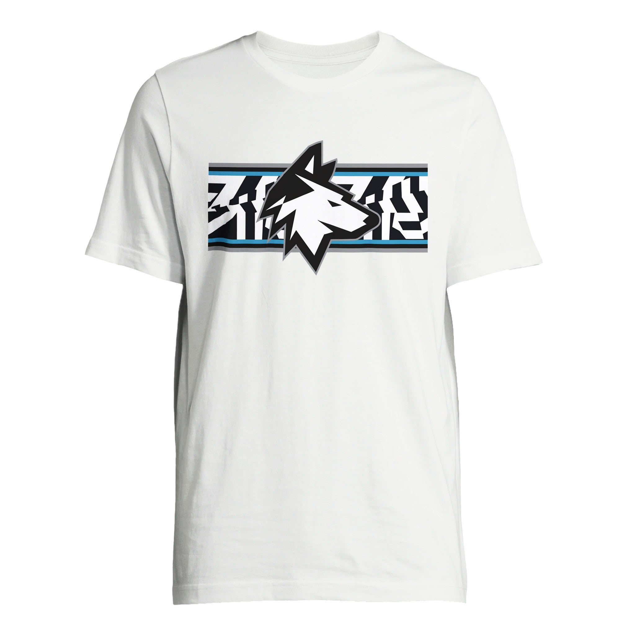The Haringey Huskies White Pattern T-Shirt from Haringey Huskies Store is a made-to-order unisex tee with a central stylized wolf head and black, blue, and white geometric chest stripe—perfect for eco-conscious style.