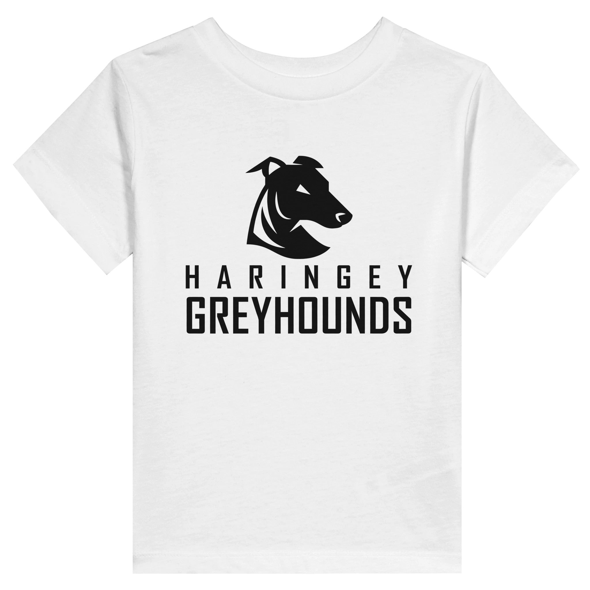 The Haringey Greyhounds Toddler White T-Shirt from Haringey Huskies Store features a black greyhound head graphic and bold HARINGEY GREYHOUNDS text. Made to order with soft Airlume cotton for comfort.