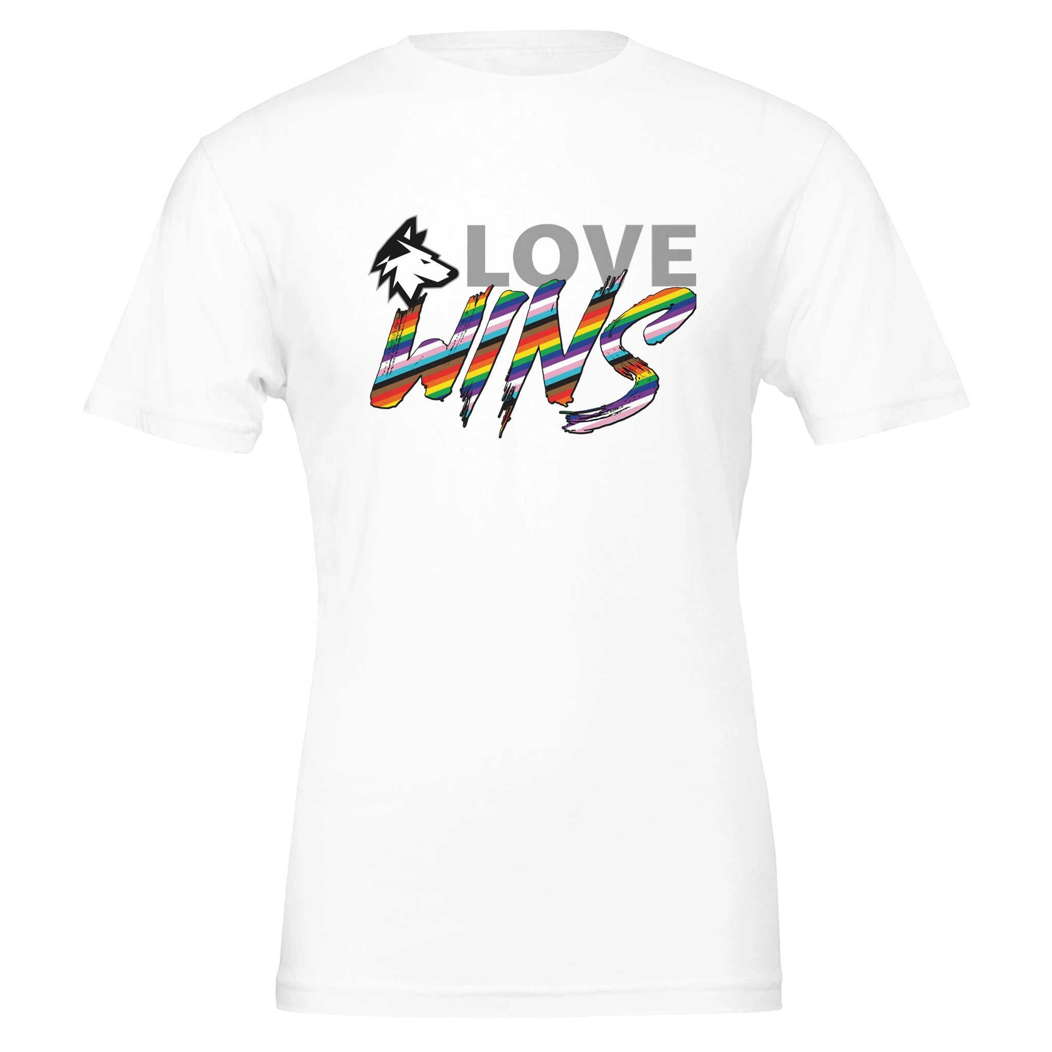 The Love Wins Unisex Crewneck T-Shirt White by Haringey Huskies Store features LOVE in gray with a wolf head, bold rainbow WINS, and is made from eco-friendly Airlume cotton. Made-to-order for lasting comfort and style.