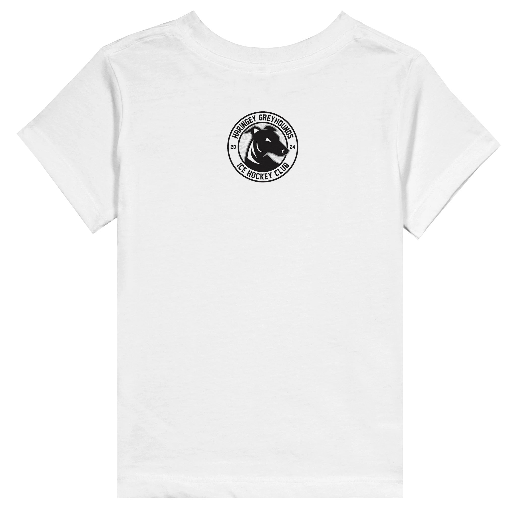 Back view of a Haringey Greyhounds Toddler White T-Shirt from Haringey Huskies Store, featuring a small circular black horse head logo and Horses at Greystone Ice Hockey Club text near the upper center.