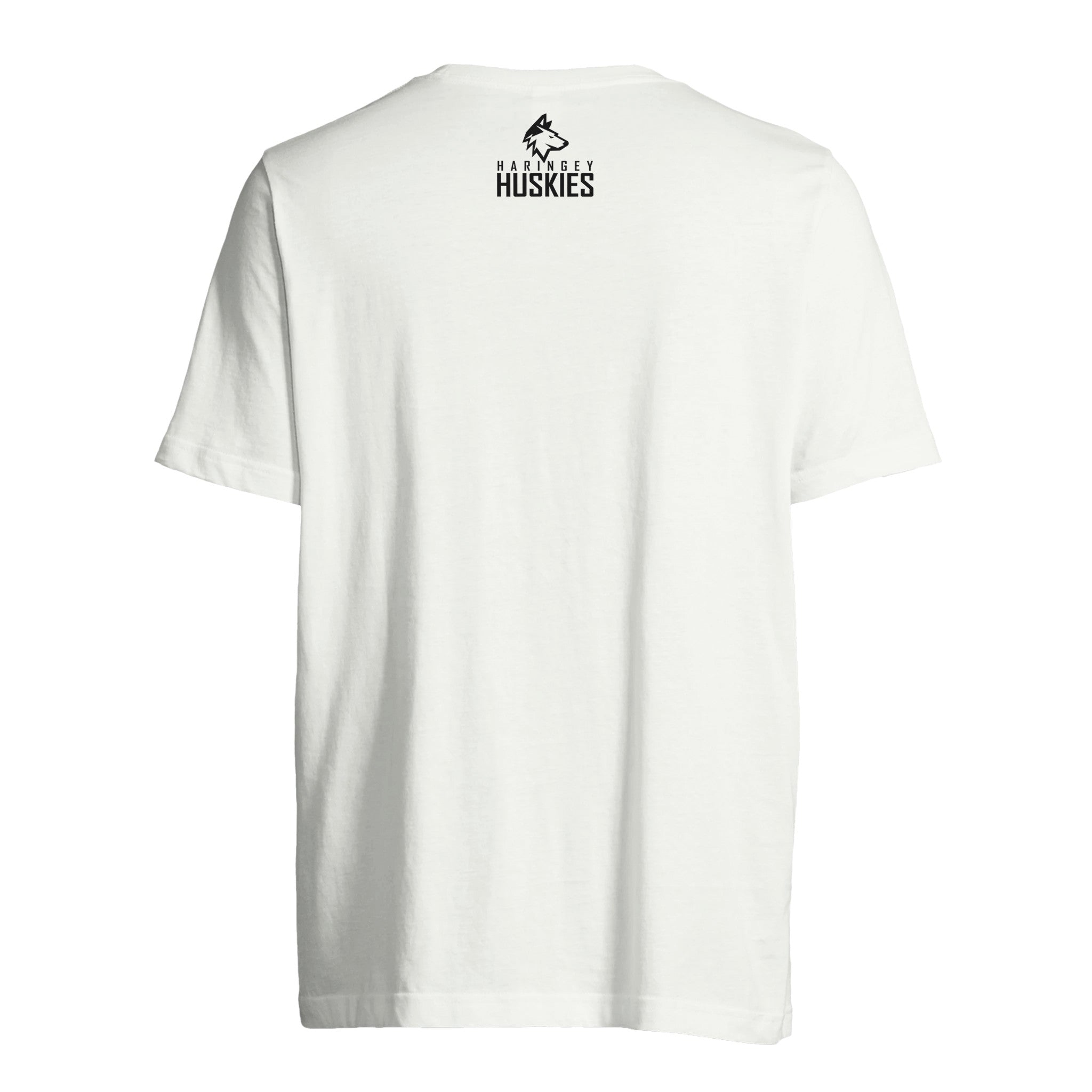 The Haringey Huskies White Pattern T-Shirt from the Haringey Huskies Store is a unisex tee featuring a small black logo and stylized husky head on the back, offering made-to-order, eco-conscious everyday style.