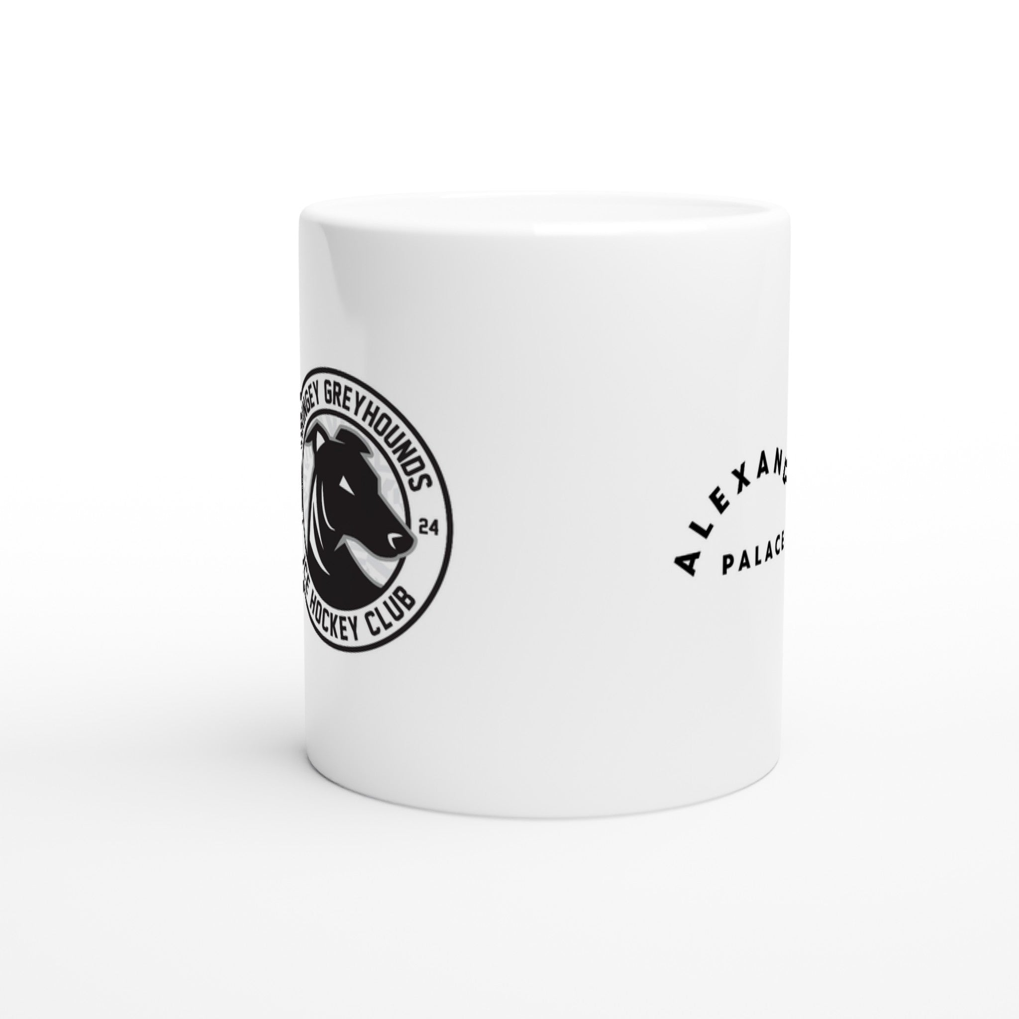 The Haringey Greyhounds White 11oz Ceramic Mug from Haringey Huskies Store features a black and white greyhound head logo, “Greyhounds Ice Hockey Club” text, and “ALEXAN... PALAC...”. Dishwasher and microwave safe.