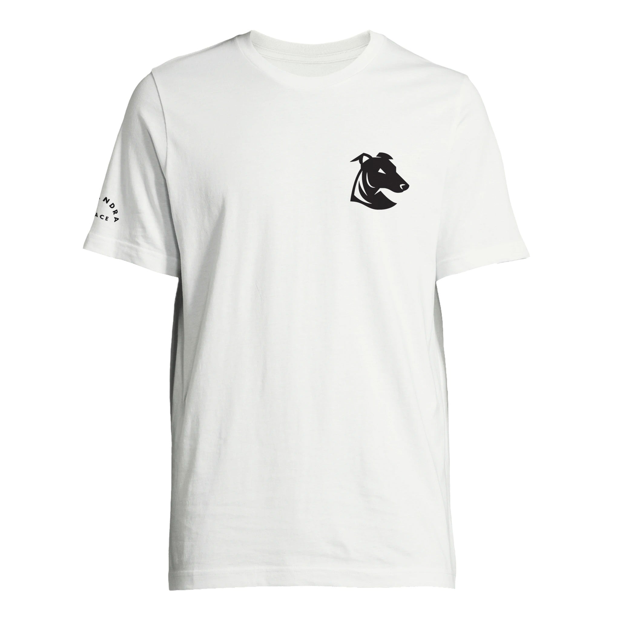 The Haringey Greyhounds Unisex White T-Shirt by Haringey Huskies Store is made from high-quality cotton and features a small black horse head graphic on the left chest and black text on the right sleeve.