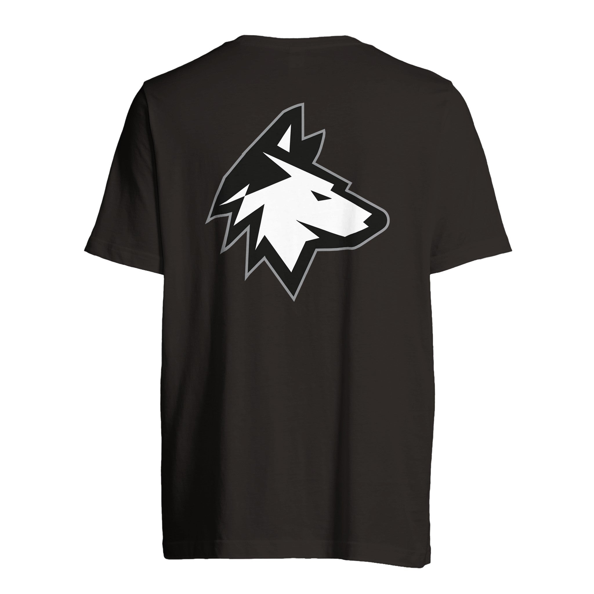 The Haringey Huskies Black Logo Text T-Shirt from Haringey Huskies Store features a bold wolf head graphic on the back. This unisex, made-to-order tee is both eco-friendly and stylish—ideal for fans of unique, sustainable fashion.