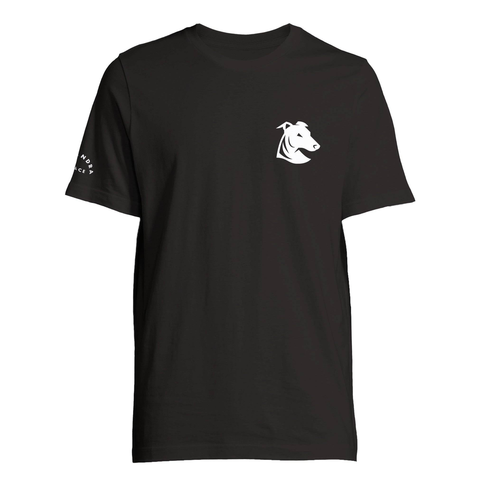 The Haringey Greyhounds Unisex Black T-Shirt from Haringey Huskies Store features a white dog head logo on the left chest and white text on the right sleeve. This made-to-order eco-conscious tee is a unique, sustainable wardrobe choice.