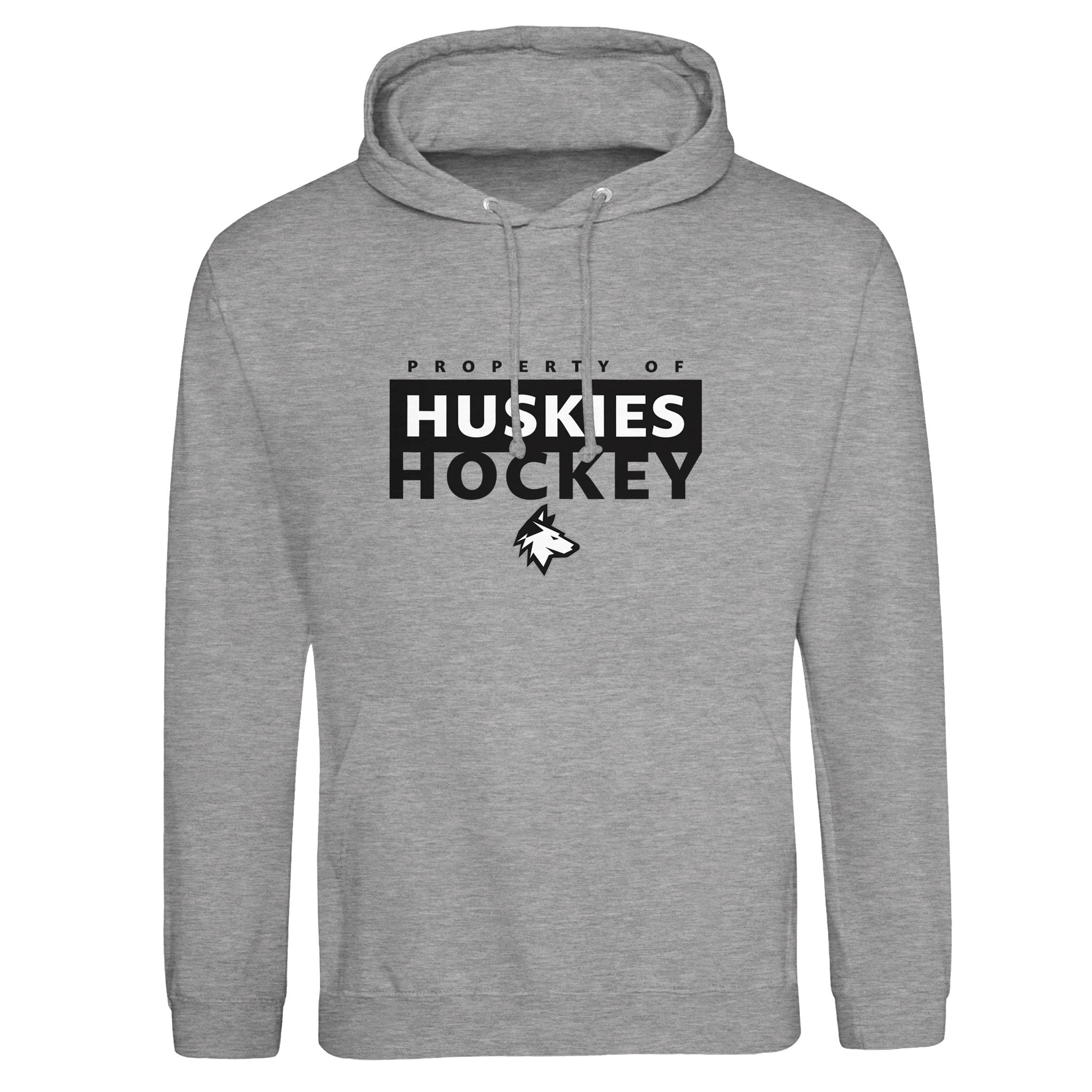 The Property Of Huskies Hockey Unisex Pullover Hoodie Grey from Haringey Huskies Store is made-to-order from soft ringspun cotton, featuring PROPERTY OF HUSKIES HOCKEY above a husky dog head logo. Unisex fit for all-day comfort.