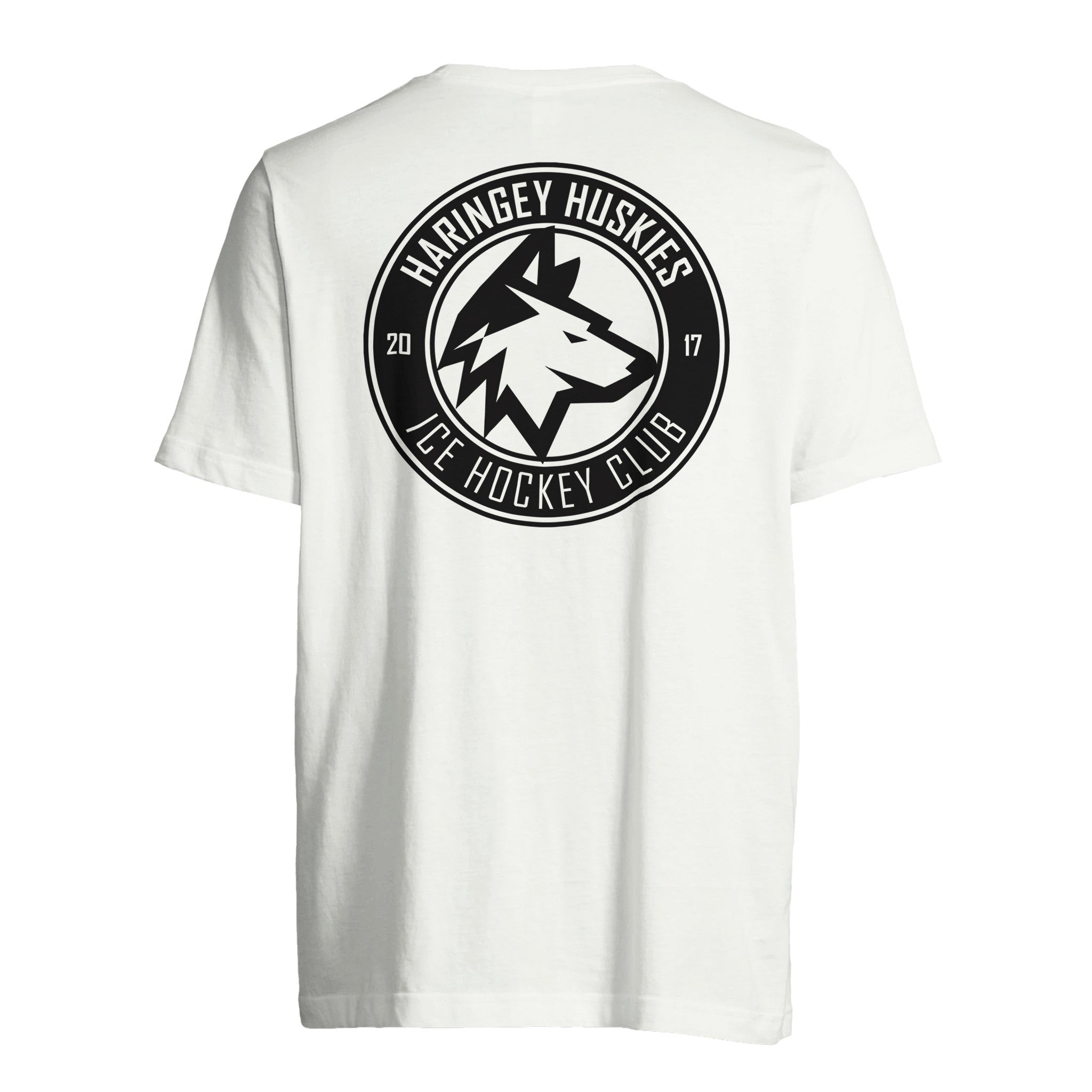 The Haringey Huskies White Circle Logo T-Shirt from Haringey Huskies Store is a high-quality cotton unisex tee featuring a large circular black and white club logo with a stylized husky head and 2017 on the back.