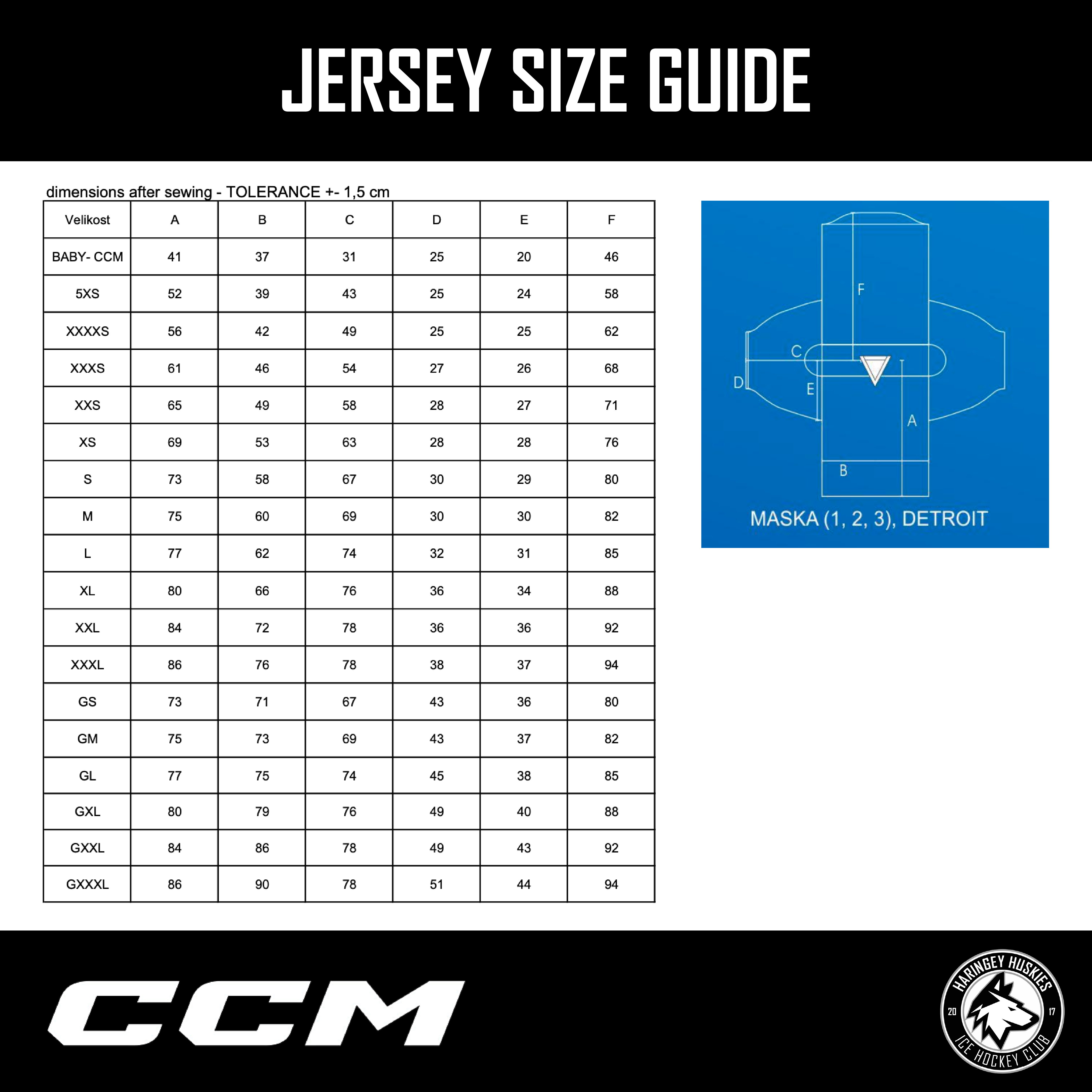 Haringey Huskies Store's Greyhounds 25/26 Light Jersey (NAMED) size guide displays dimensions A–F for Baby to GXXXL, with a blue diagram marking measurement points—perfect for finding your fit. Logos in corners add authenticity.