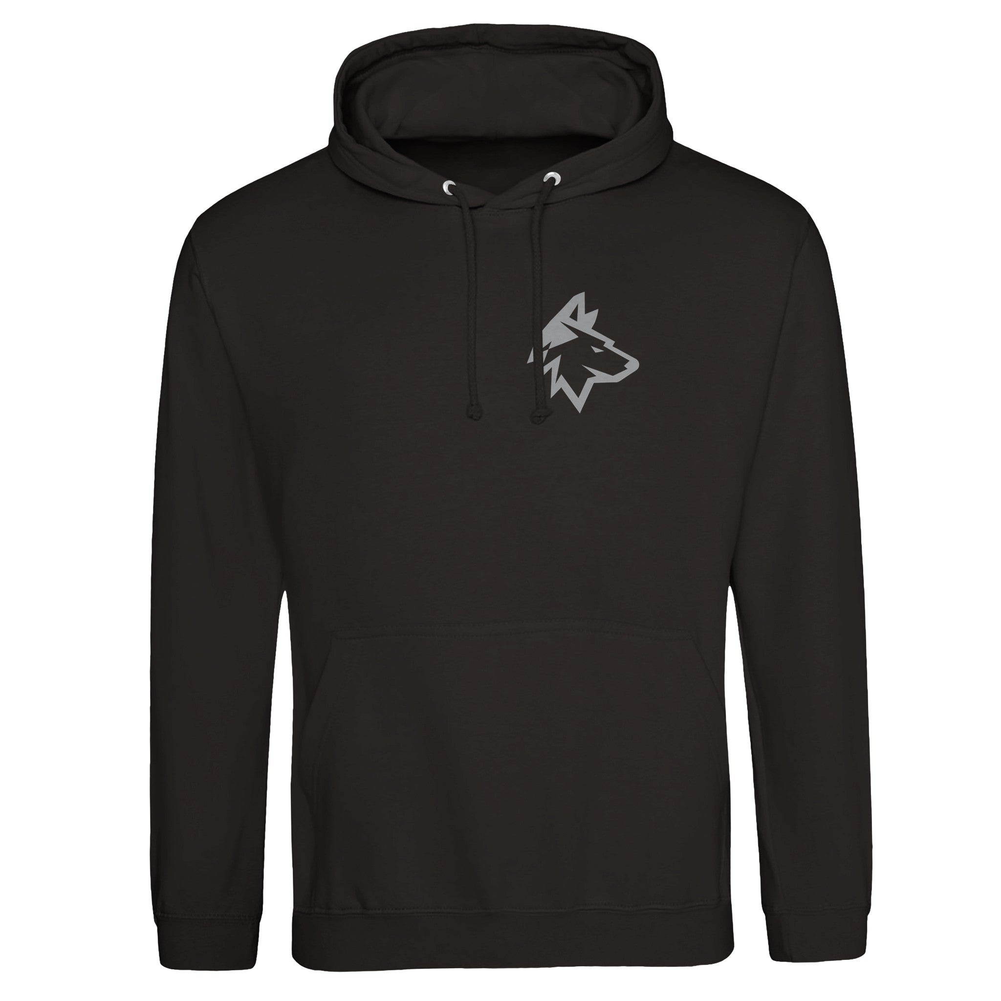 The Haringey Huskies Pullover Hoodie Black by Haringey Huskies Store features a minimalist gray wolf head logo on the left chest, front pocket, and drawstring hood. Made-to-order from soft Ringspun Cotton in a unisex fit for comfort and style.