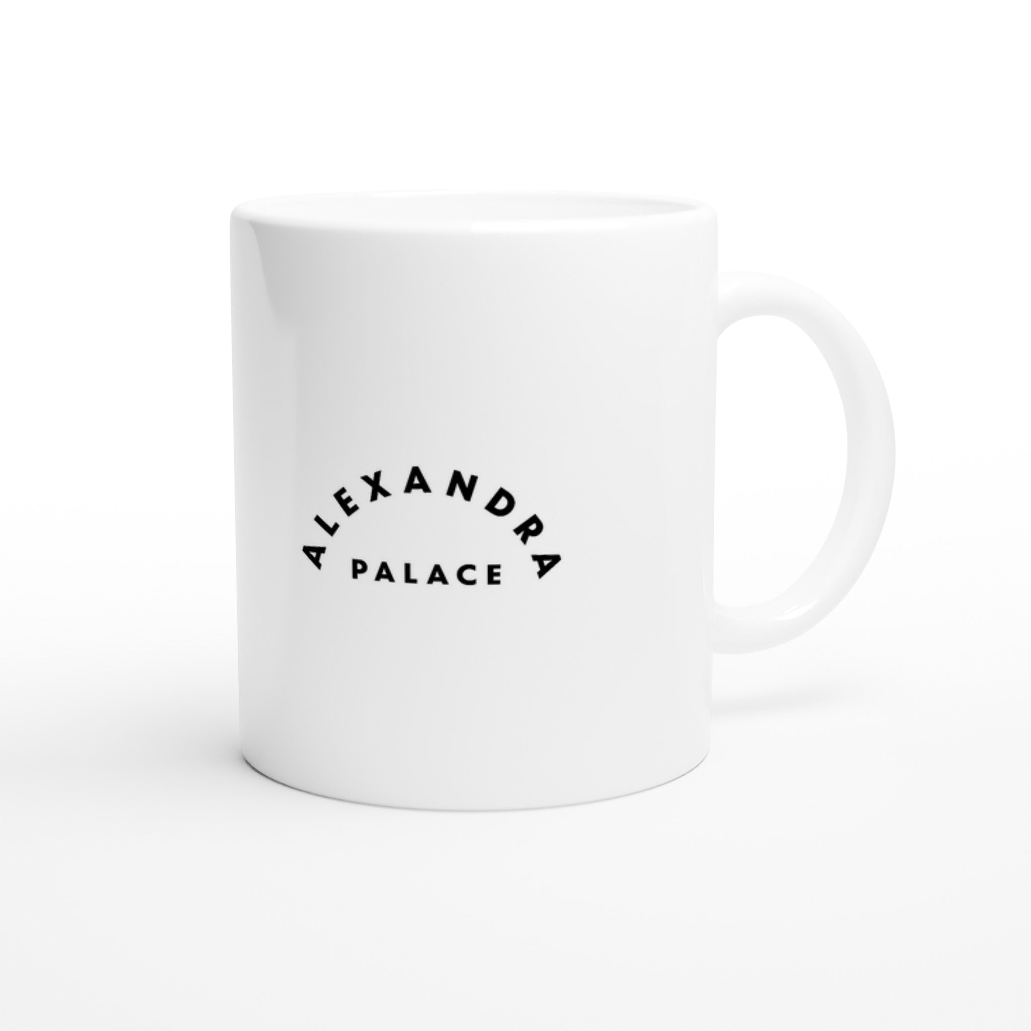 The Haringey Greyhounds White 11oz Ceramic Mug from Haringey Huskies Store is dishwasher and microwave safe, featuring ALEXANDRA PALACE in bold black letters—a standout collectible on a classic white ceramic background.