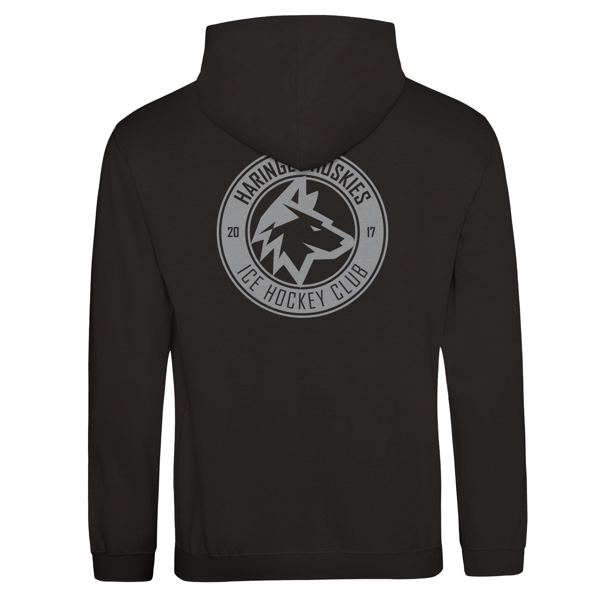 The Haringey Huskies Pullover Hoodie Black from the Haringey Huskies Store features a unisex fit, soft Ringspun Cotton, and a large circular team logo with a husky head and 2017 on the back. Made to order for comfort and style.