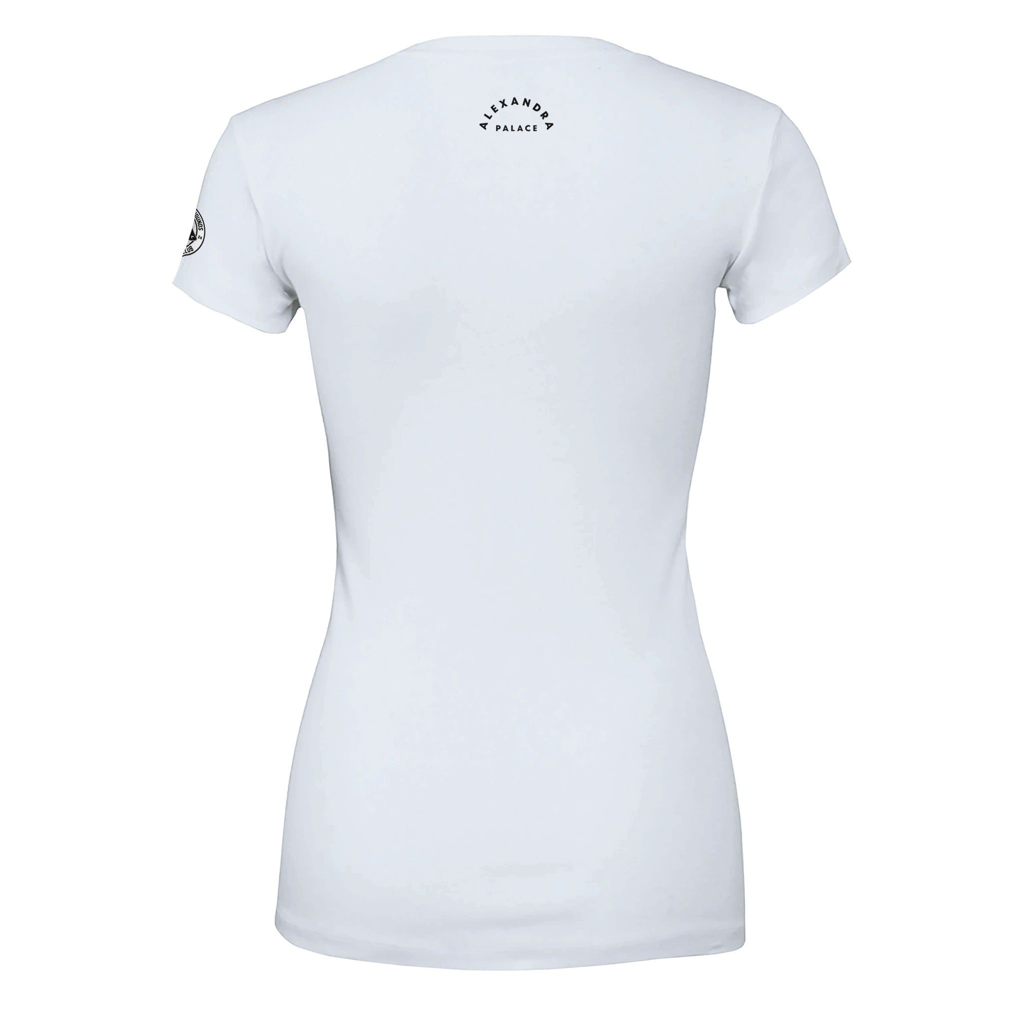 The Haringey Greyhounds Womens T-Shirt by Haringey Huskies Store is a slim fit, white short-sleeve tee shown from the back with a small circular “Alexandra Palace” logo below the neckline and a patch on the left sleeve. Made of soft Airlume cotton.