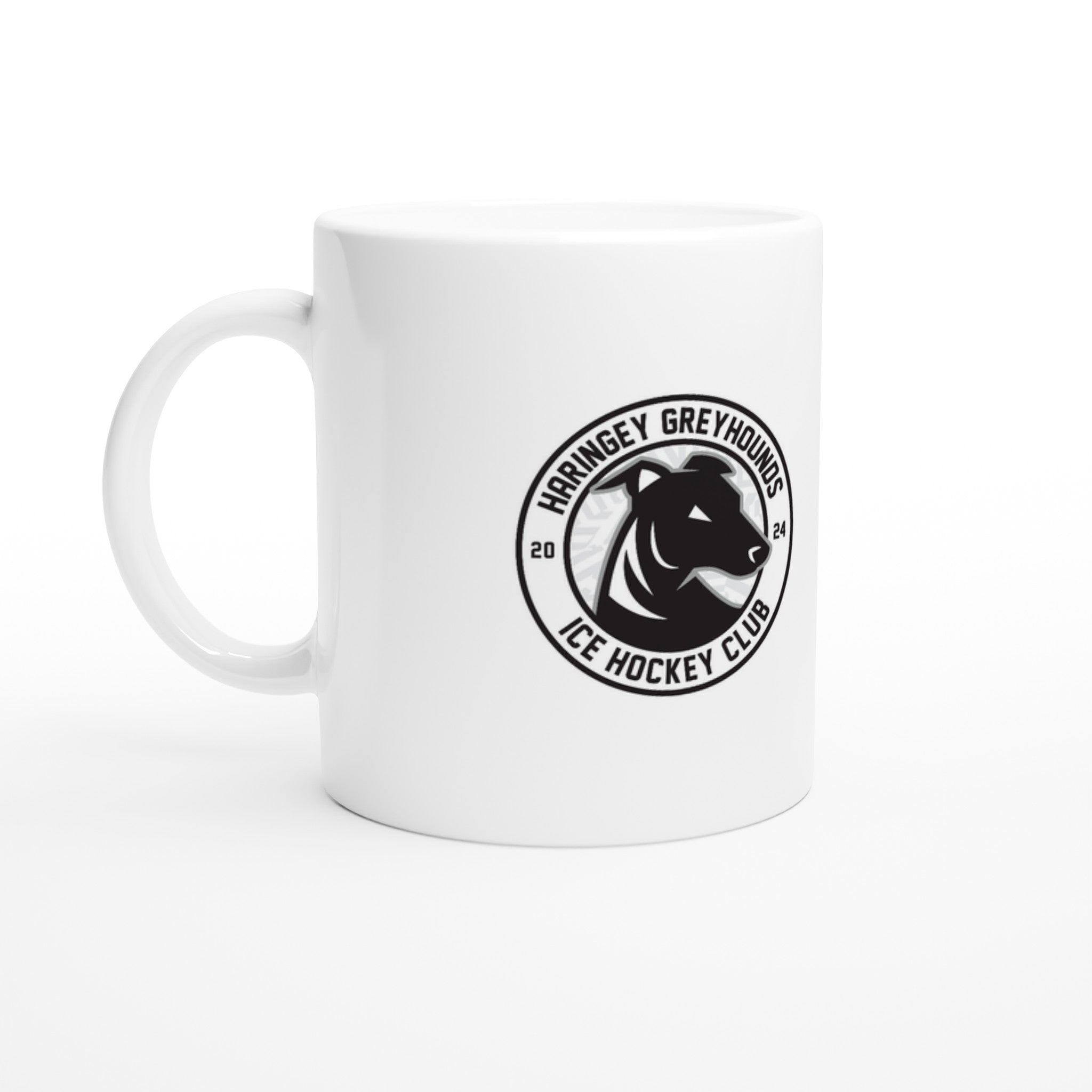 The Haringey Huskies Stores White 11oz Ceramic Mug features the Haringey Greyhounds logo with a black and white greyhound head, club name, and 2021. Dishwasher and microwave safe, this made-to-order mug is ideal for fans.