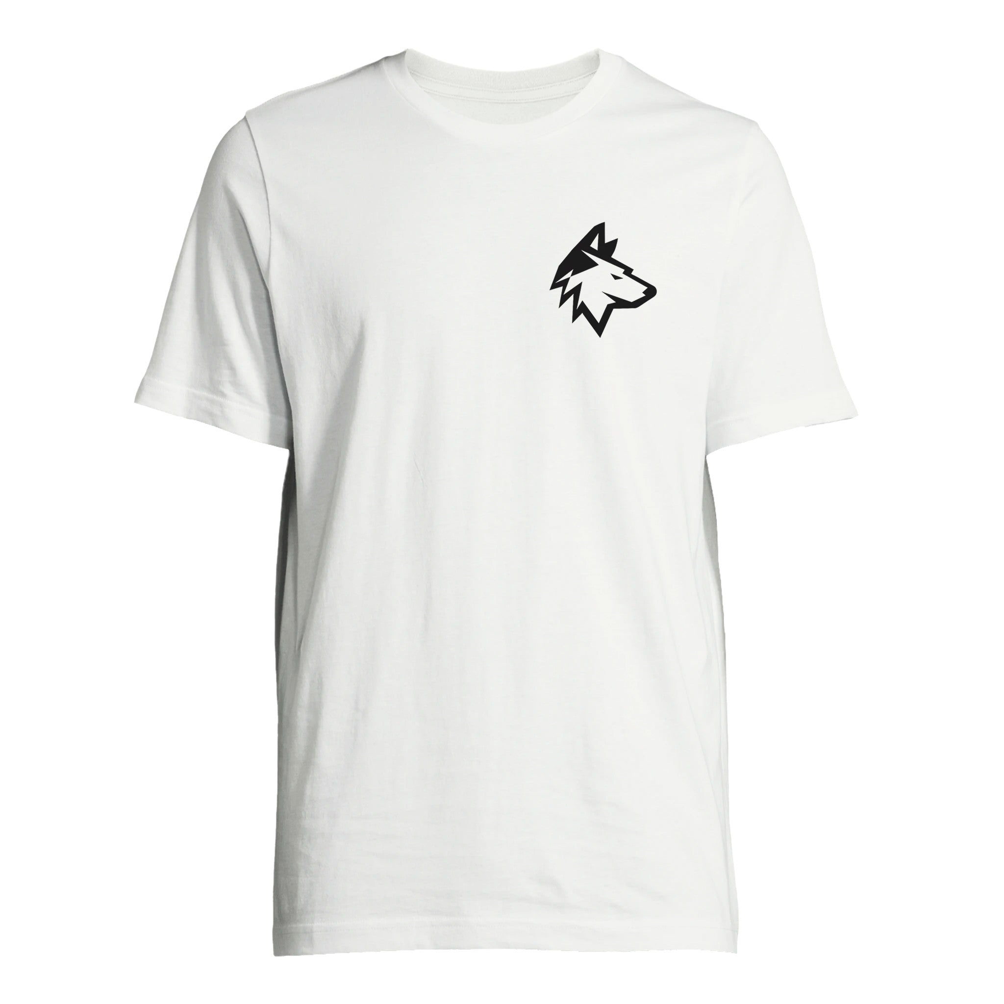 The Haringey Huskies Store Haringey Huskies White Circle Logo T-Shirt is a high-quality cotton unisex tee with a small black stylized wolf head logo on the left chest, offering comfort and durability.