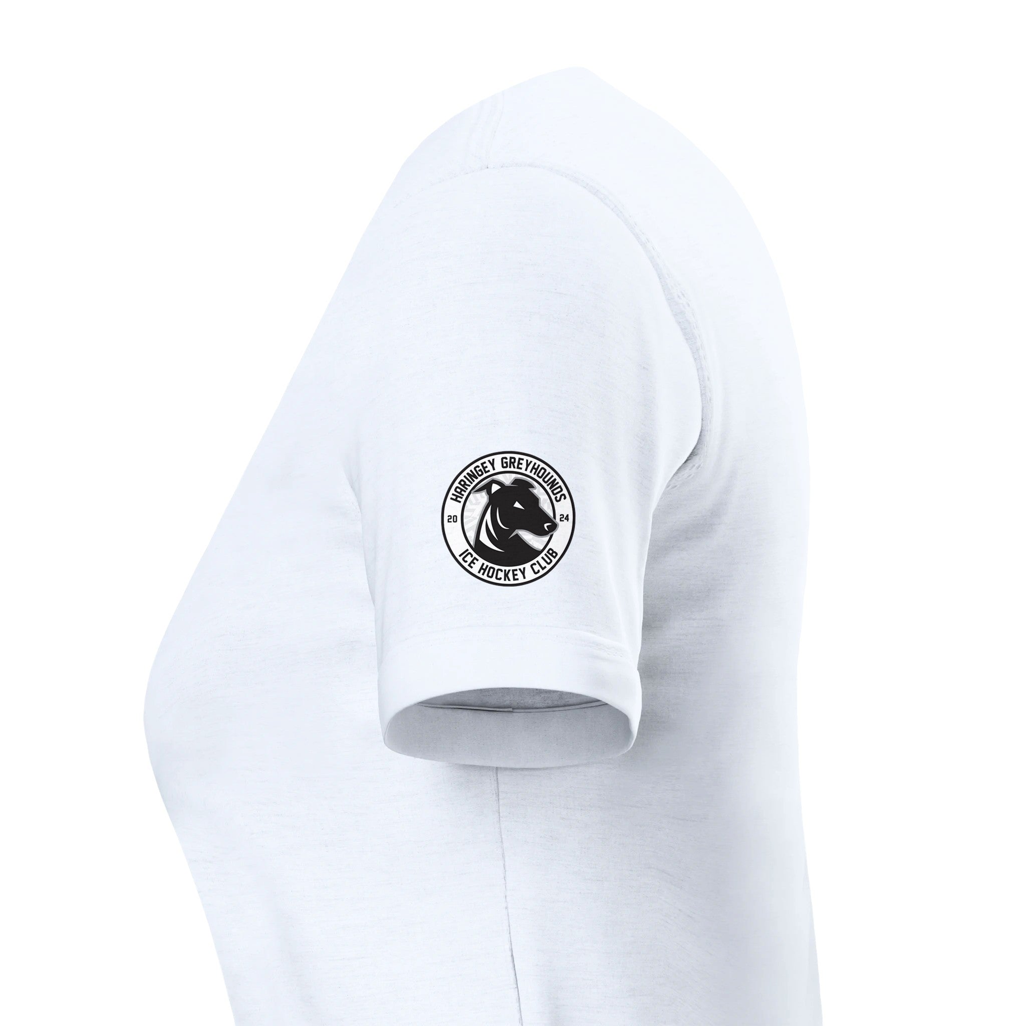The Haringey Greyhounds Womens T-Shirt from Haringey Huskies Store is a white slim fit tee with short sleeves and a black circular bird Ice Hockey Club logo on the left sleeve, crafted from soft Airlume cotton and shown side-on.