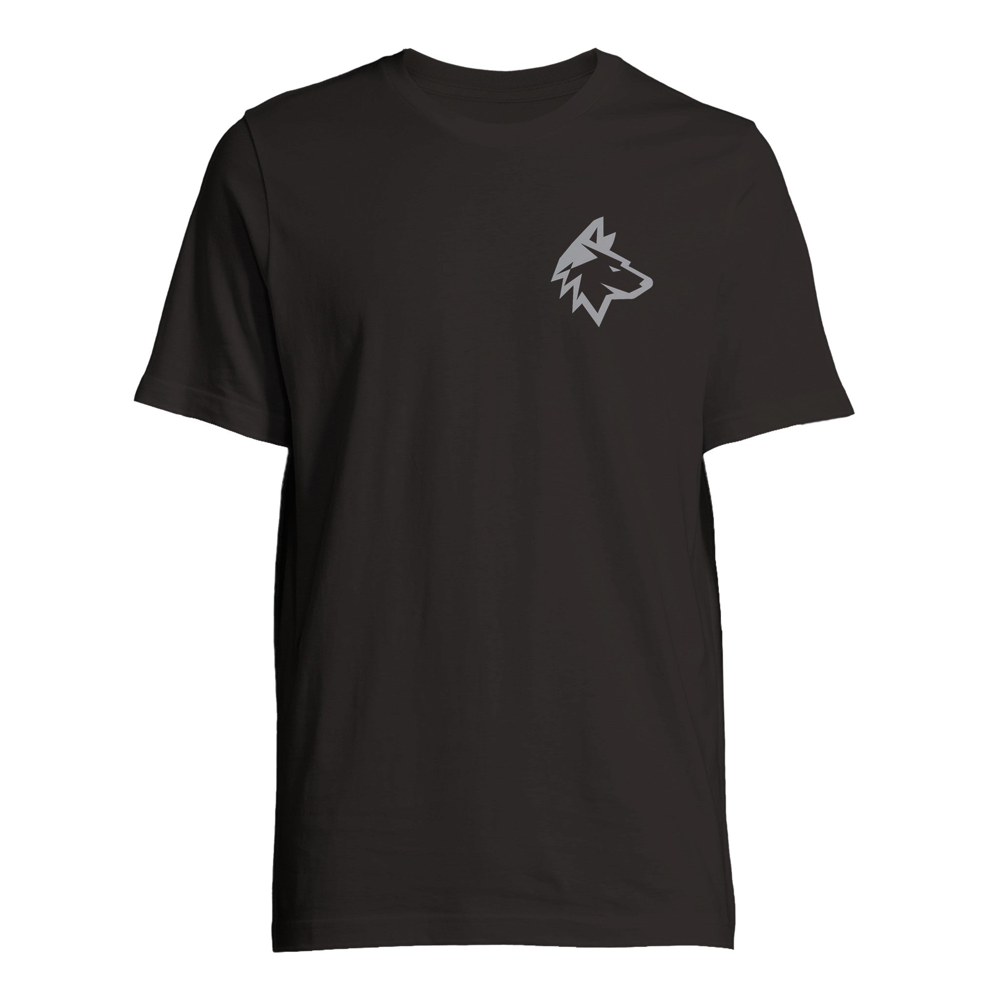 The Haringey Huskies Stores Haringey Huskies Black Grey Logo T-Shirt is a unisex, high-quality cotton tee featuring a minimalist gray wolf head logo on the left chest, shown against a plain white background.