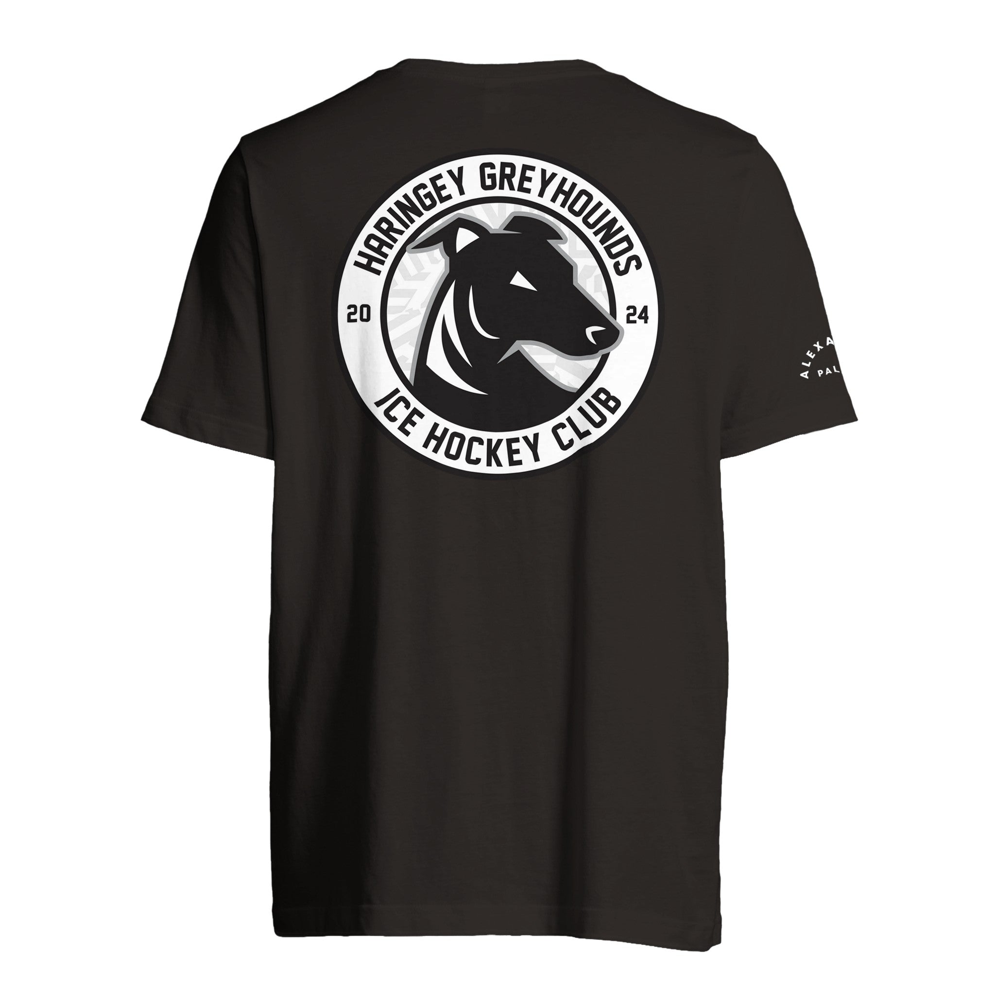 The Haringey Greyhounds Unisex Black T-Shirt from the Haringey Huskies Store is an eco-friendly, made-to-order tee with a large circular logo of a greyhound head and Haringey Greyhounds Ice Hockey Club 2024 on the back and a small sleeve logo.