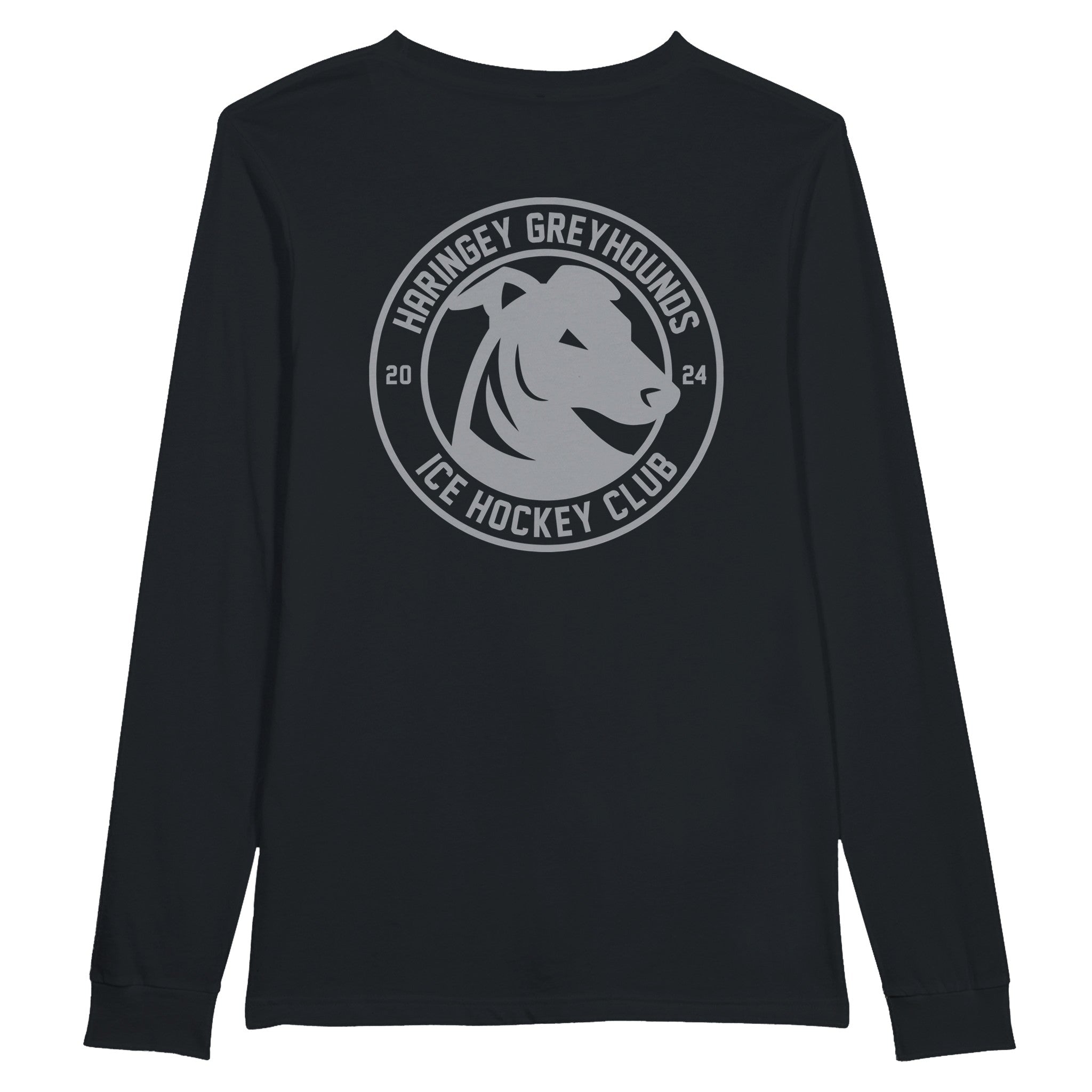 The Haringey Greyhounds Unisex Black Long Sleeve T-Shirt by Haringey Huskies Store features soft combed ringspun cotton and a 2024 greyhound head logo on the back. See our size guide for your perfect fit.