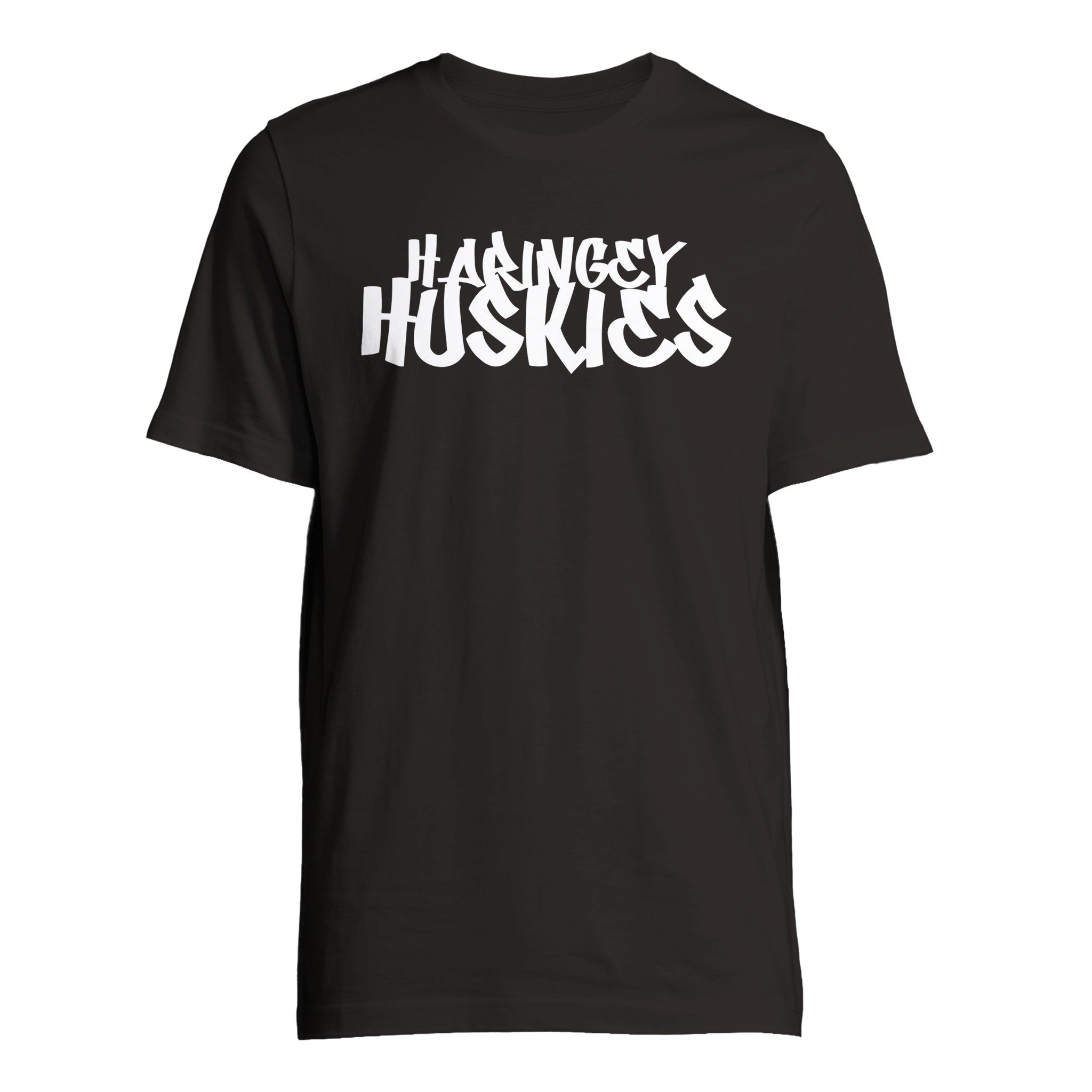 The Haringey Huskies Black Logo Text T-Shirt from Haringey Huskies Store is a unisex, made-to-order black tee featuring bold white stylized Haringey Huskies text across the chest.