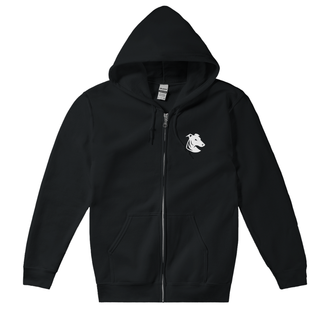The Haringey Greyhounds Unisex Zip Hoodie Black from Haringey Huskies Store is an organic cotton zip hoodie with a hood, two front pockets, and a white lion head logo on the left chest, shown laid flat on a white background.