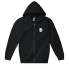The Haringey Greyhounds Unisex Zip Hoodie Black from Haringey Huskies Store is an organic cotton zip hoodie with a hood, two front pockets, and a white lion head logo on the left chest, shown laid flat on a white background.