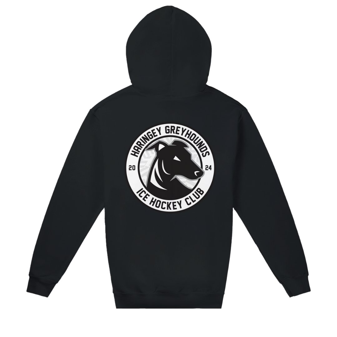 The Haringey Greyhounds Unisex Zip Hoodie in black from Haringey Huskies Store features the club logo—a stylized greyhound head in a circular badge with “Haringey Greyhounds Ice Hockey Club 2024” on the back.