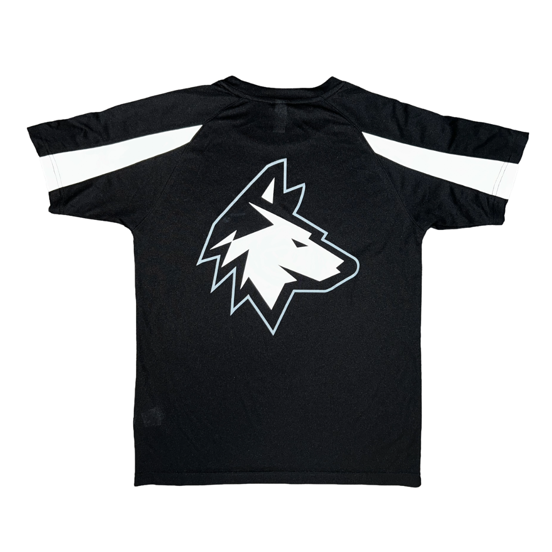 The Huskies Adult Sports T-Shirt from the Haringey Huskies Store features a black short-sleeve design with white stripes on the sleeves and a large stylized white wolf head logo on the back, shown against a plain white background.