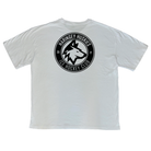 The Huskies Oversized T-Shirt White from the Haringey Huskies Store features a bold black and white circular logo on the back with “Haringey Huskies Ice Hockey Club 2017” written around a stylized husky head at the center.