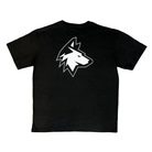 Haringey Huskies Store’s "Huskies Oversized T-Shirt Black" features a large white stylized wolf head logo centered on the back, displayed against a white background.