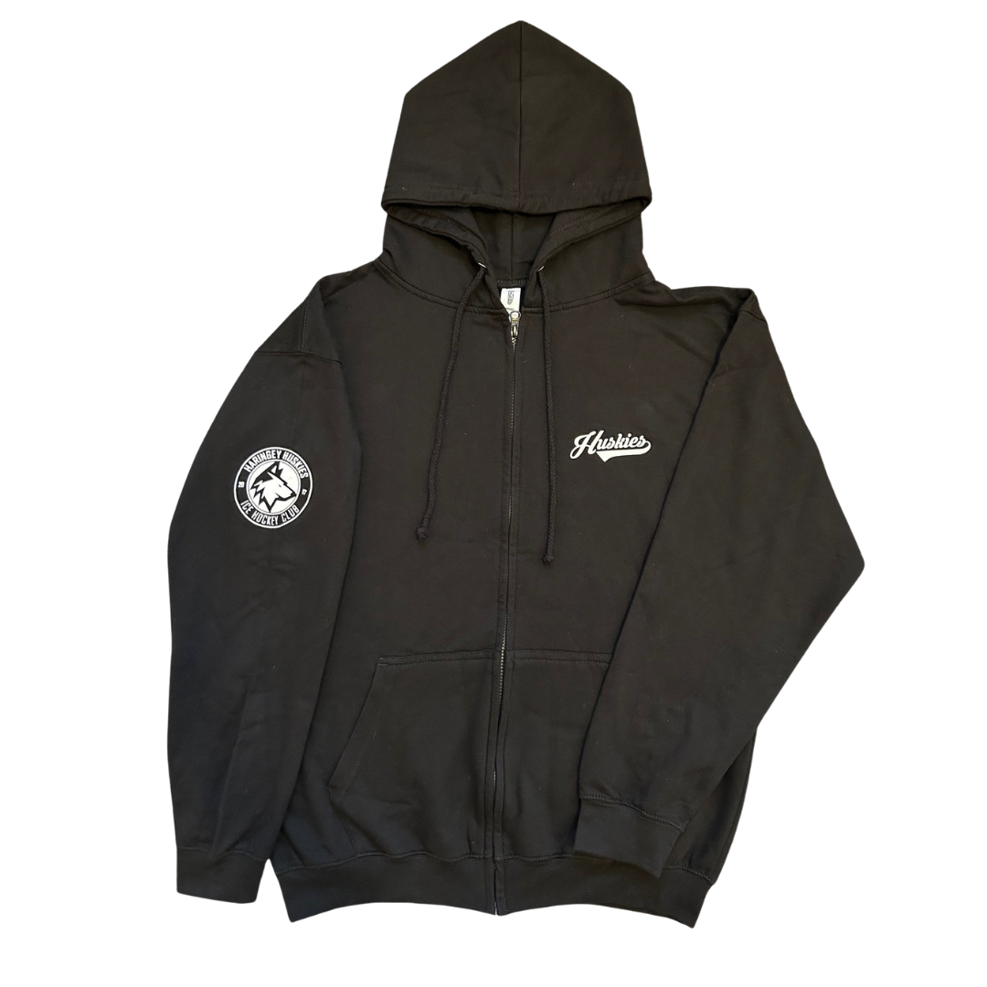 The Huskies Black Zip Hoodie from Haringey Huskies Store is a black zip-up hoodie featuring a hood, two front pockets, "Athletics" text on the left chest, and a circular patch with a horse and rider on the left sleeve.