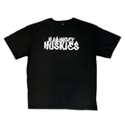 The Huskies Oversized T-Shirt Black from Haringey Huskies Store features bold, white, stylized "HARINGEY HUSKIES" text across the chest and is displayed laid flat on a white background.