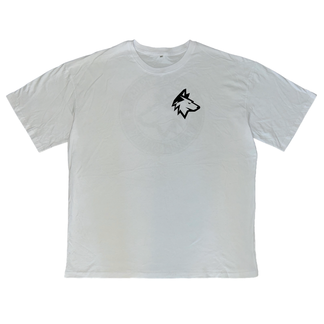 The Huskies Oversized T-Shirt White by Haringey Huskies Store features a small black wolf head logo on the left chest.